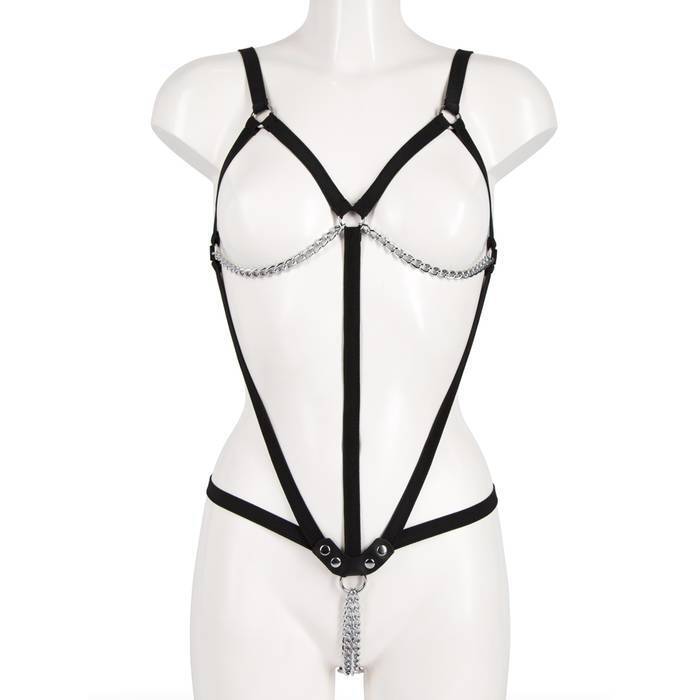 Fetish Open Breast Body Harness with Straps and Chains
