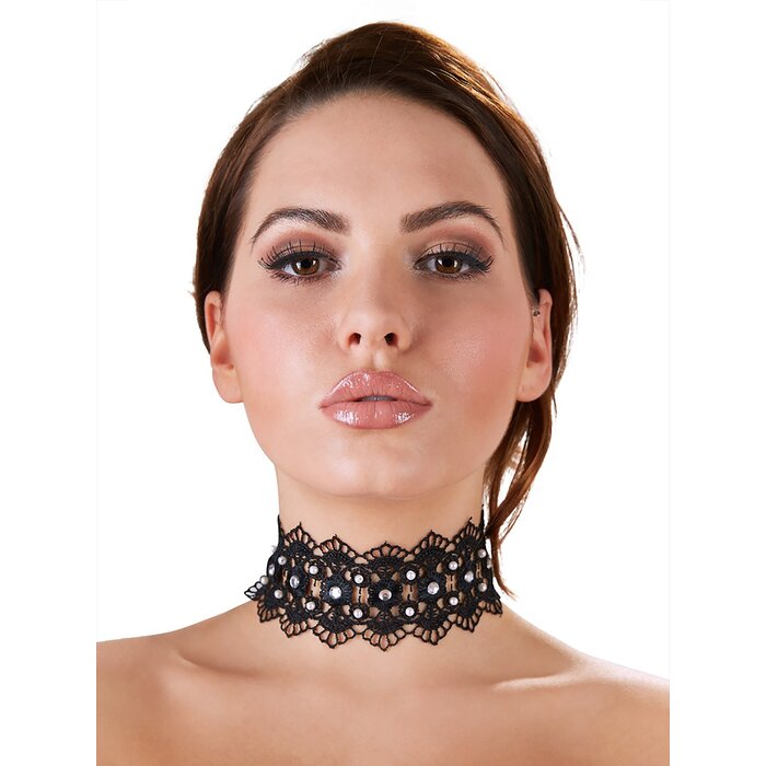Cottelli Black Lace Rhinestone Choker - One size - Black