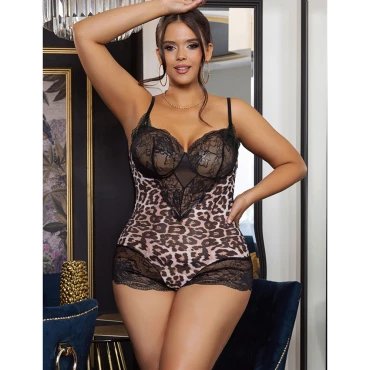 Belle Pussycat Plus Size Black Lace Leopard Print Teddy