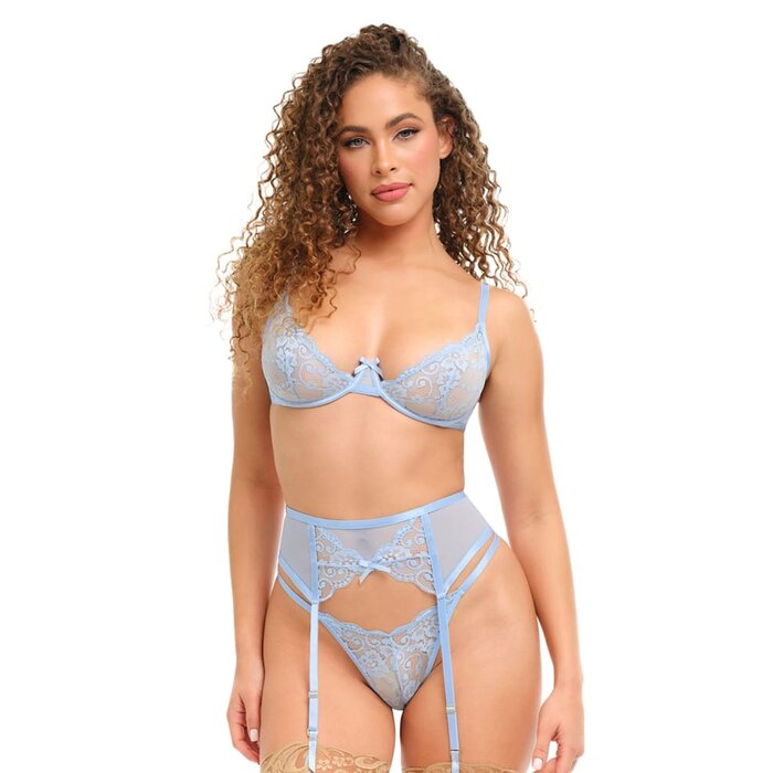 Asha Underwire Bra, Garterbelt and Thong Set - Brunnera Blue - Small/Medium