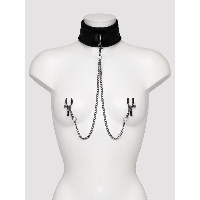SEI MIO Twin Tweaks Velvet Collar with Nipple Clamps - Black
