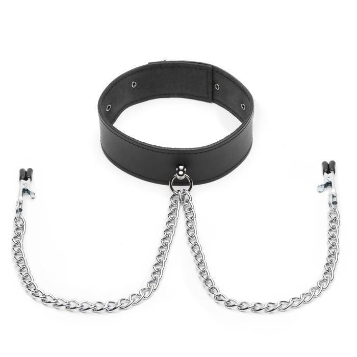 Bondage Boutique Advanced Leather Collar with Nipple Clamps