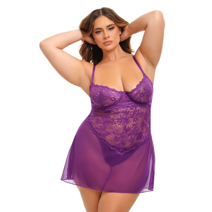 Underwire Floral Babydoll - Imperial Purple - 1X/2X