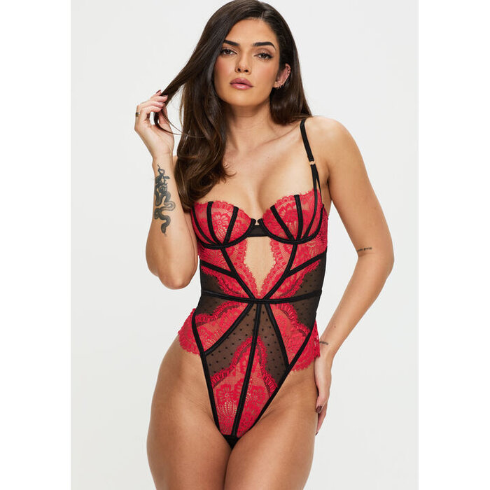 Ann Summers Secret Seduction Lace Crotchless Lingerie Body, Black/Red