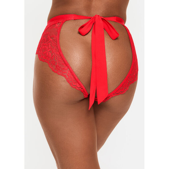 Ann Summers Unwrap Me Lace High Waisted Crotchless Brazilian Knickers, Red