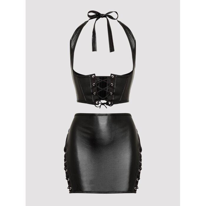 Lovehoney Fierce Leather-Look Lace-Up Black Bra & Skirt Set - Large - Black