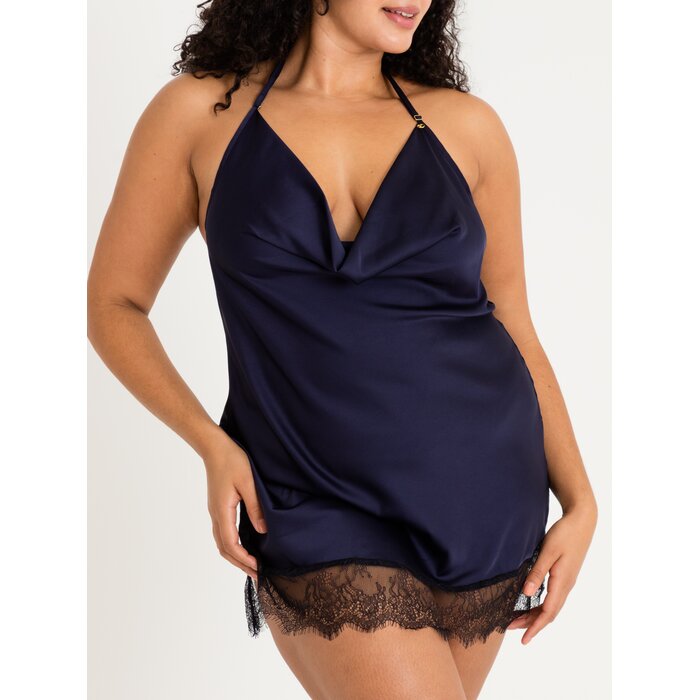 Lovehoney Plus Size Dark Orchid Navy Satin and Lace Chemise - 1X / 2X - Blue