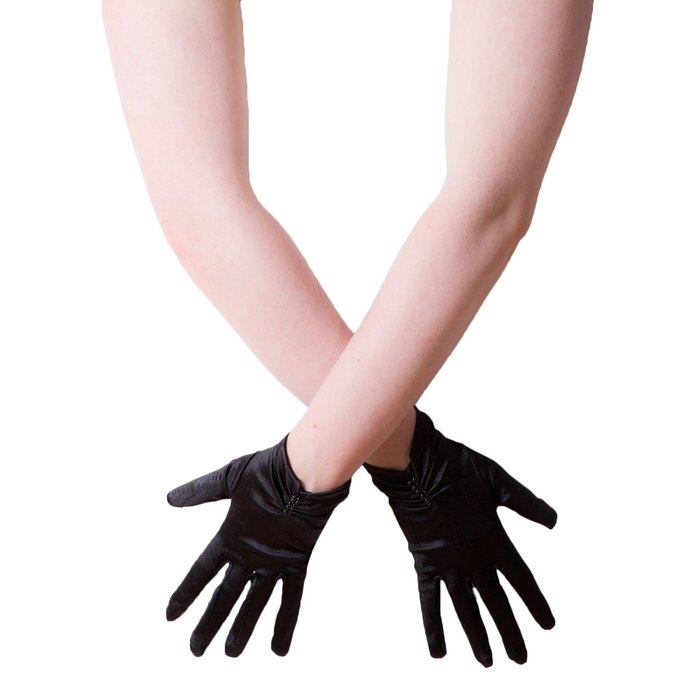 Black Satin Wrist Gloves With Pearls - One Size
