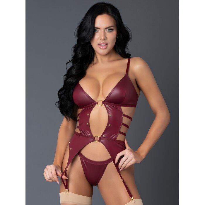 Exposed Lust Burgundy Wet Look Cut Out Basque Set - S / M - Red