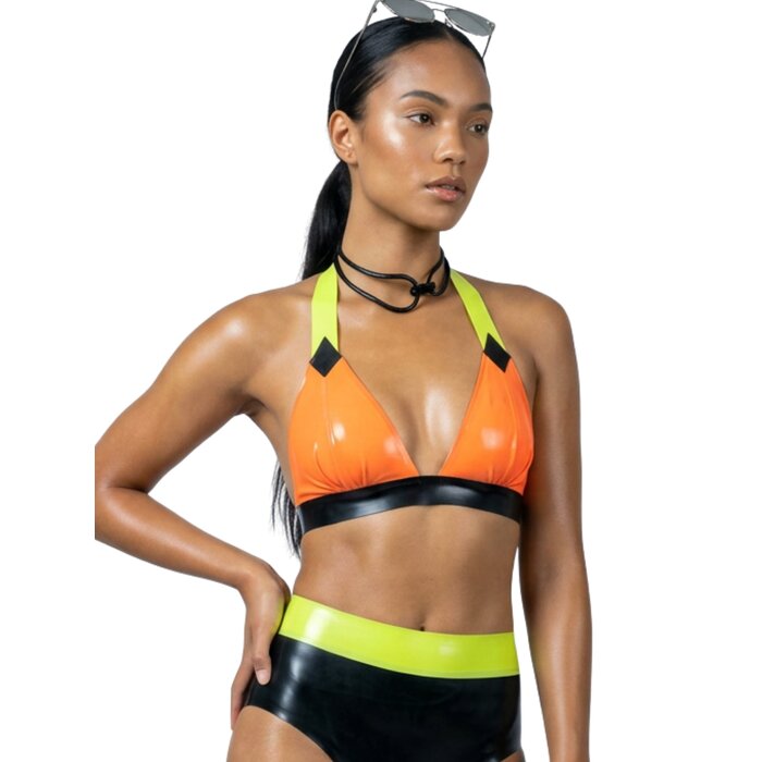 Tri-Tone Contrast Latex Halter Bikini Style Top
