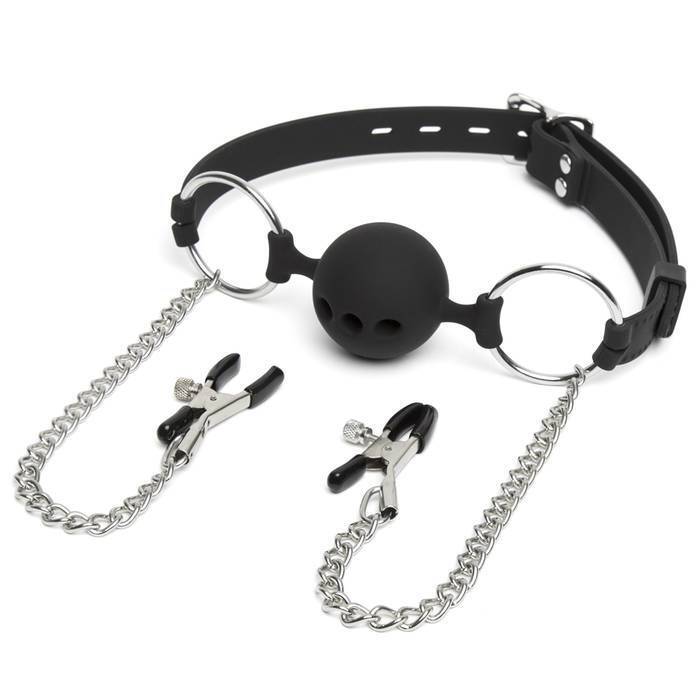 DOMINIX Deluxe Large Breathable Ball Gag with Nipple Clamps