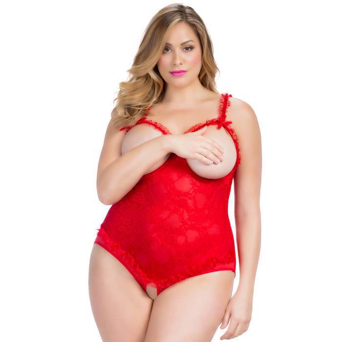 Oh La La Cheri Curves Plus Size Red Open Cup Crotchless Lace Teddy