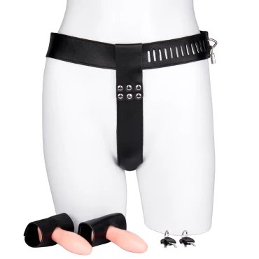 Obsidian Restrainer Leather Chastity Belt With Dual Pleasure Plugs