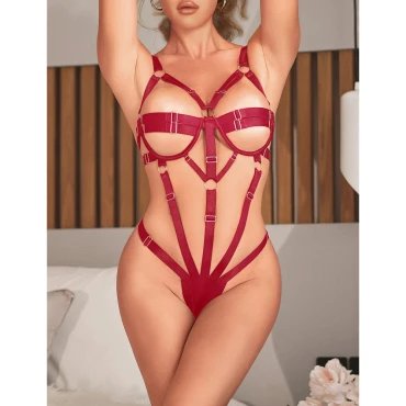 Siren Covet Red Satin Body Harness Teddy - XS/S