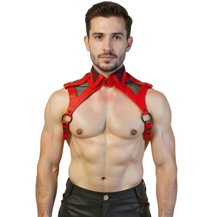 Men’s Gridlock Leather and Mesh Collared Harness Red and Black