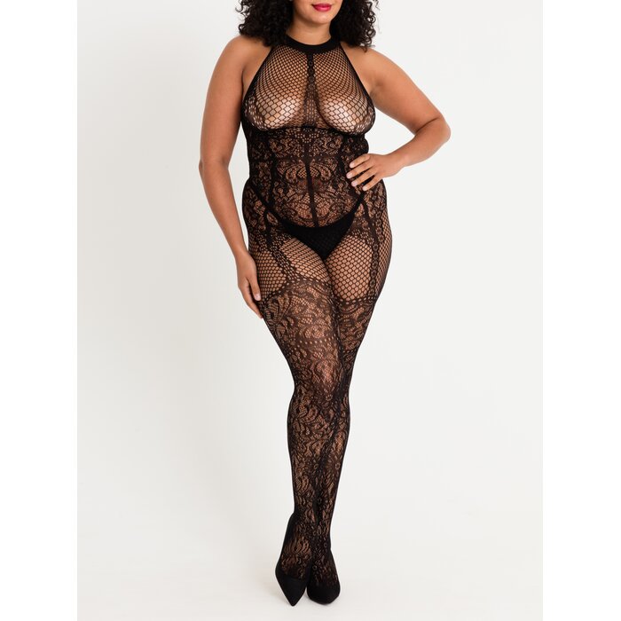 Lovehoney Plus Size Lace and Fishnet Basque Bodystocking - One Size Queen - Black
