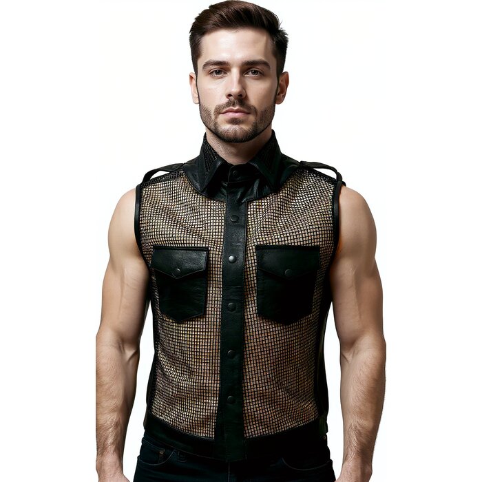 Men’s Gridlock Black Leather and Mesh Sleeveless Shirt