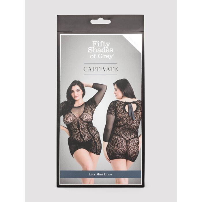 Fifty Shades of Grey Captivate Plus Size Black Lace Long Sleeve Mini Dress - One Size Curve - Black