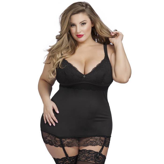 Lovehoney Plus Size Adore Me Plunge Suspender Chemise Set Black