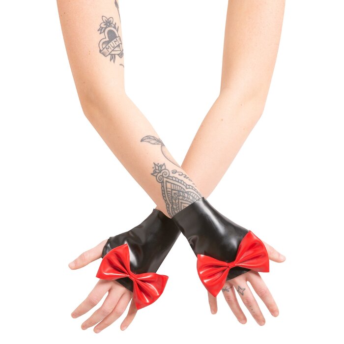 Latex Wrist Gauntlets with Bow in Black-Red