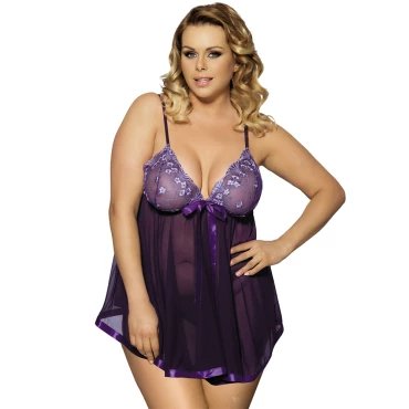 Belle Plus Size Purple Floral Babydoll & G-String - 2XL