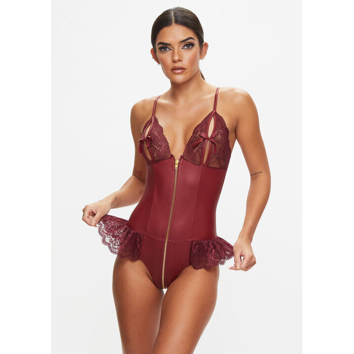 Ann Summers Tasha PU Peep Hole Zip Through Crotchless Teddy Lingerie, Burgundy