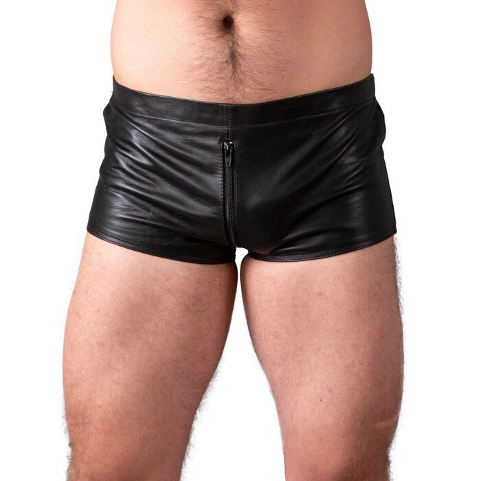 Front Zip Leather Boxers in Black