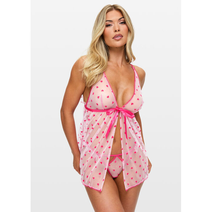 Ann Summers Queen of Hearts Crotchless Babydoll Lingerie 2 Piece Set, Mid Pink
