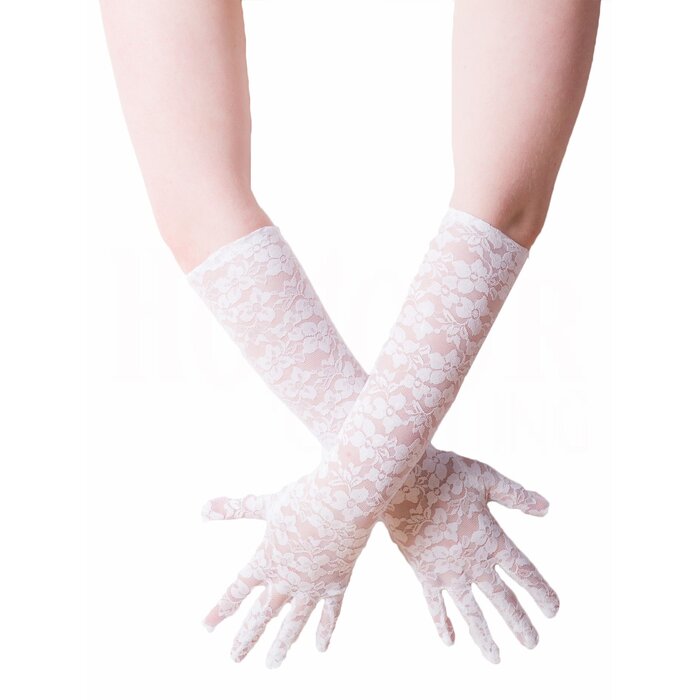 White Shimmer Lace Elbow Length Gloves - One Size