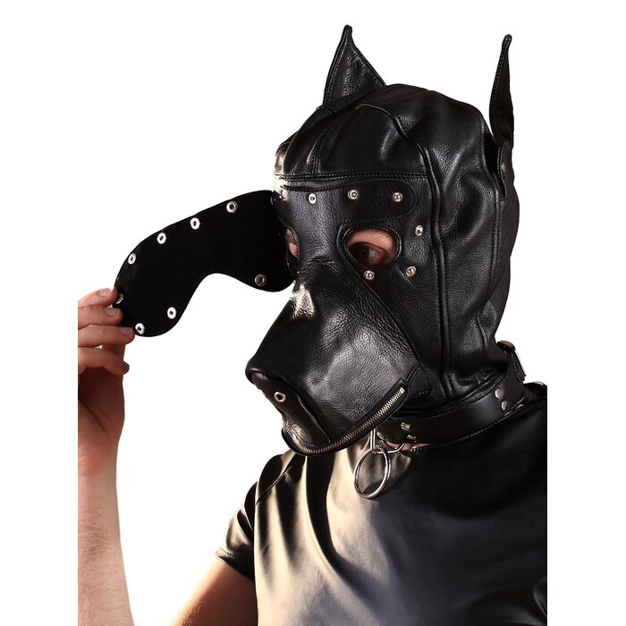 Leather Dog Hood with Detachable Blindfold - One Size