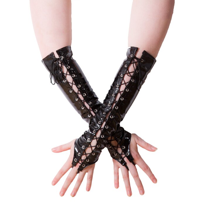 PVC Fingerless Lace Up Gloves - One Size
