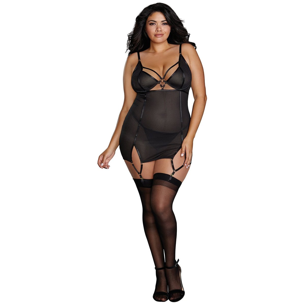 Dreamgirl Plus Size Mesh Suspender Set - Black - 2XL