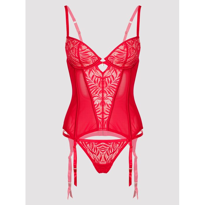 Lovehoney Parisienne Charm Red Lace Basque Set - Medium - Red