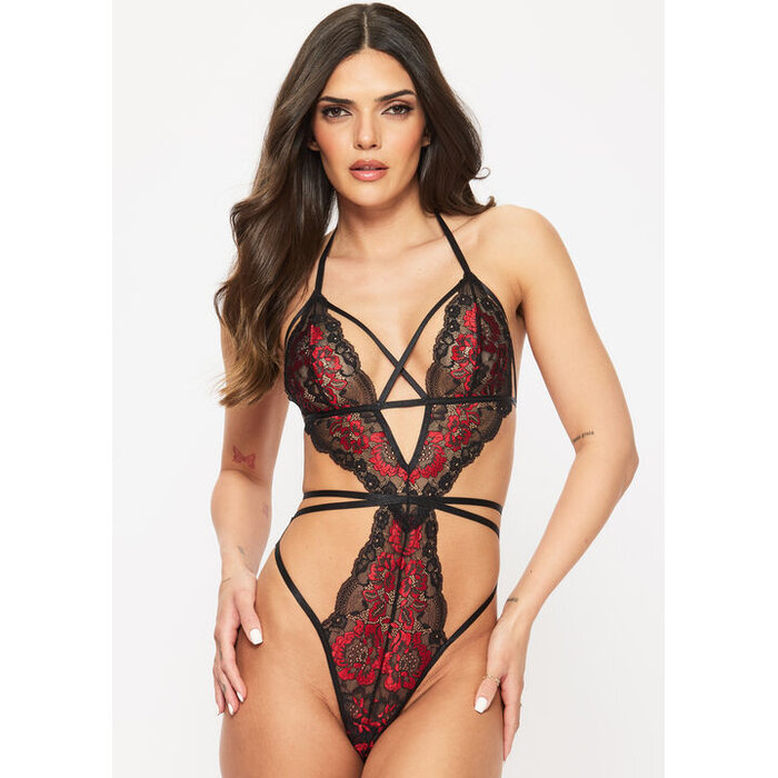 Ann Summers Liberty Lace Halterneck Crotchless Body - Black/Red