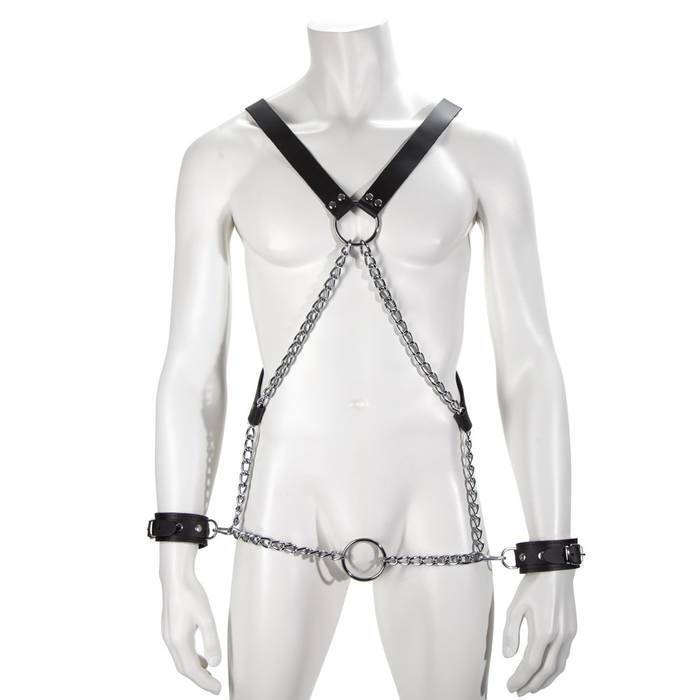 DOMINIX Deluxe Leather and Chain Harness with Cock Ring and Cuffs