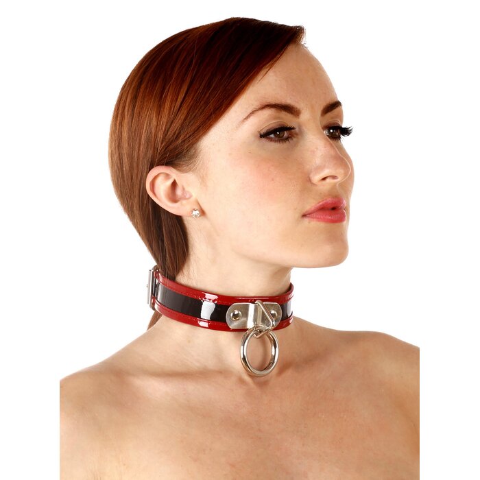 Patent Leather Collar D-Ring O-Ring in Black with Red Piping