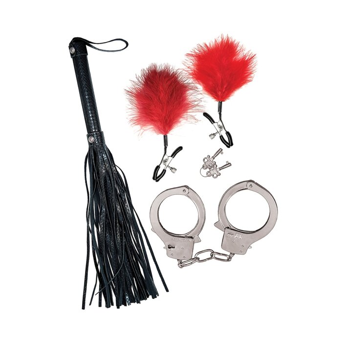 Bondage By Nasstoys Whip, Feather and Cuffs - Red