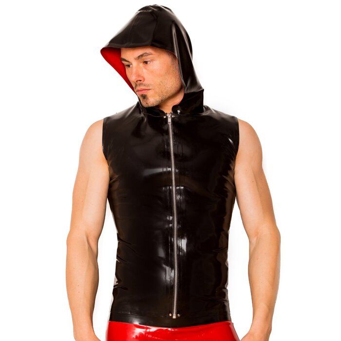 Black & Red Sleeveless Zip Latex Hoody