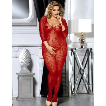 Belle Plus Size Red Fishnet Crotchless Bodystocking