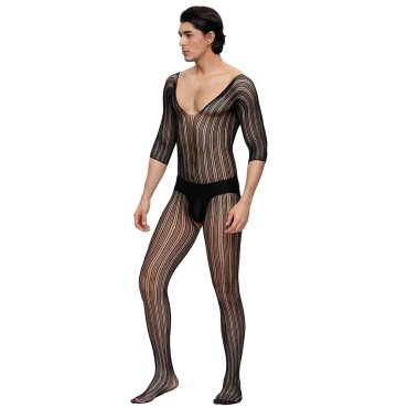 Black Striped Crotchless Male Bodystocking