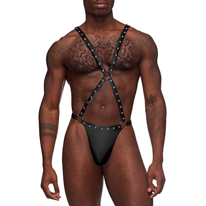 Male Power Black Studded Wet-Look Harness Thong - S / M - Black