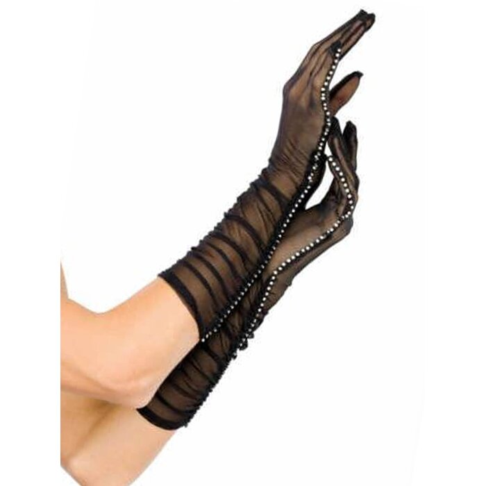 Sheer Black Elbow Length Diamante Gloves - One Size