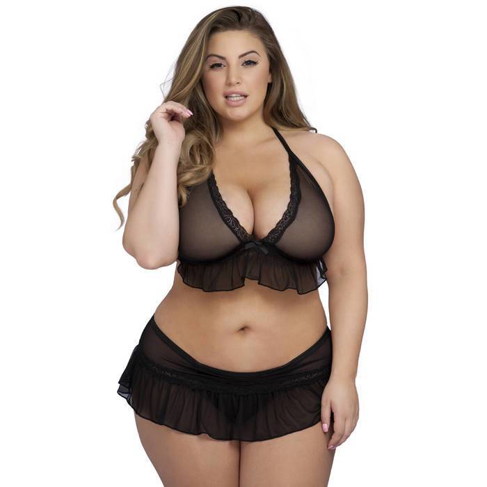 Lovehoney Plus Size Mesh Frilled Bra and Knicker Set