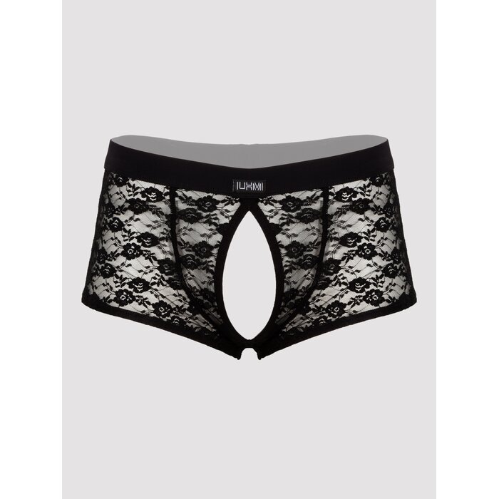 LHM Black Lace Open Front and Back Boxer Shorts - S / M - Black