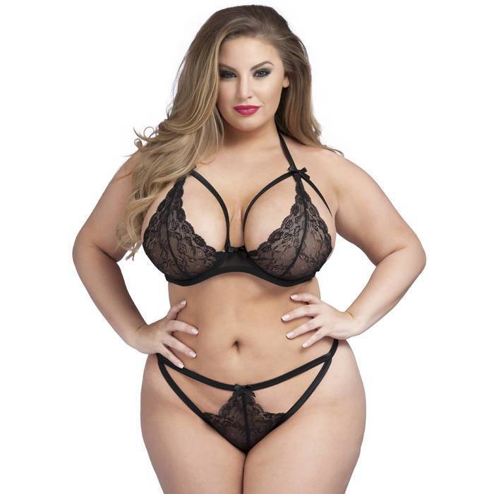 Lovehoney Plus Size Underwired Lace Triangle Bra and Crotchless G-String Set