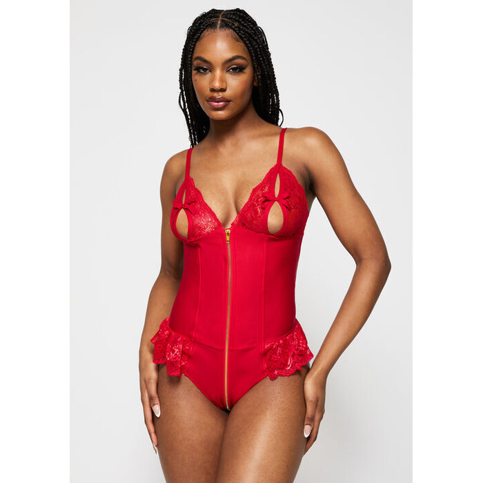 Ann Summers Tasha PU Peep Hole Zip Through Crotchless Teddy Lingerie, Red