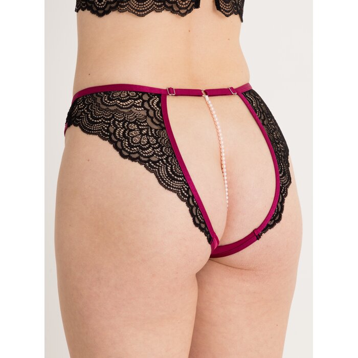 Lovehoney Satin Romance Black Open-Back Pearl Knickers - One size - Black