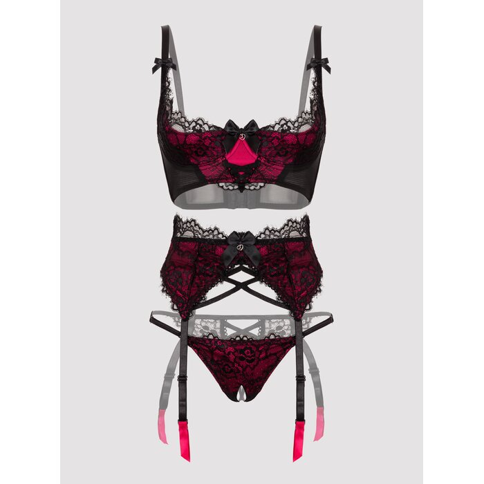 Lovehoney Plus Size Belle Cherry Quarter Cup Bra Set - 3X / 4X - Black