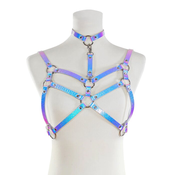 Double Strapped Bra Harness with Collar - Iridescent Silver