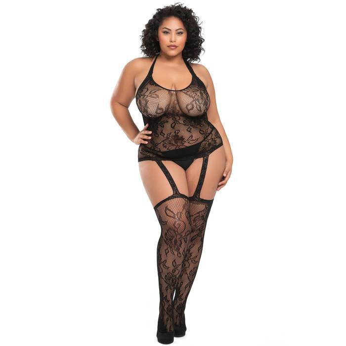 Lovehoney Plus Size Black Floral Lace Halterneck Suspender Bodystocking
